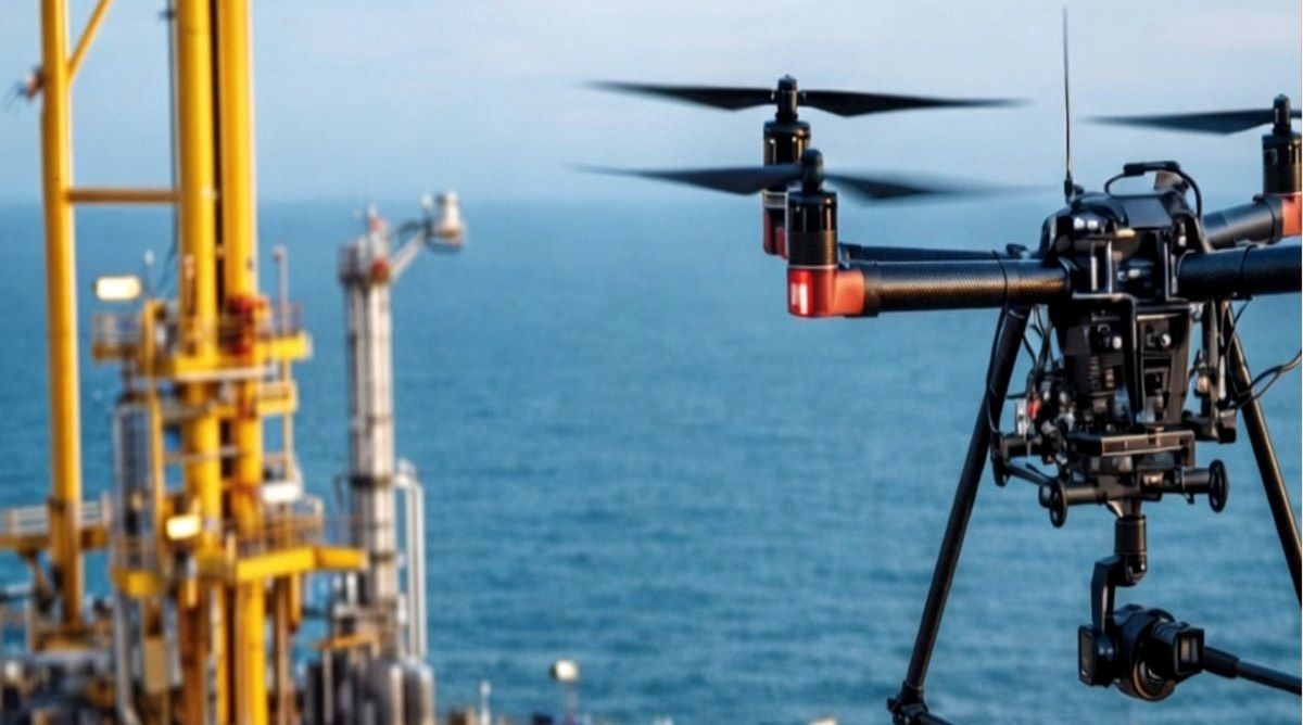 Surveillance drone operating above an offshore oil and gas platform