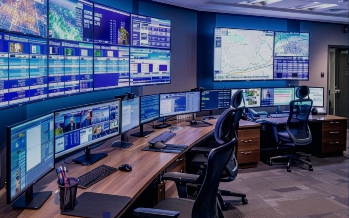 Security command and control centre with live monitoring screens